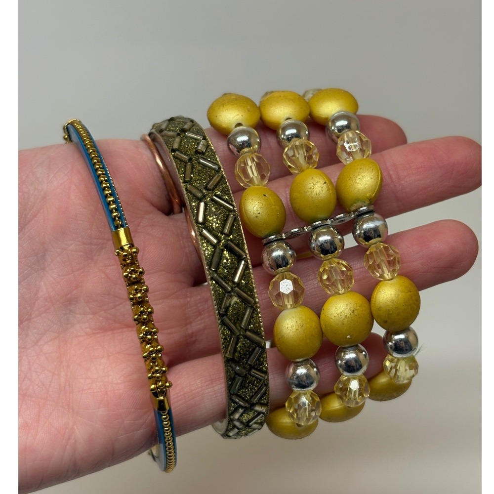 Mixed Bracelet Set Gold Beaded Stretch Silver Etched Bangle Blue Enamel 3pc